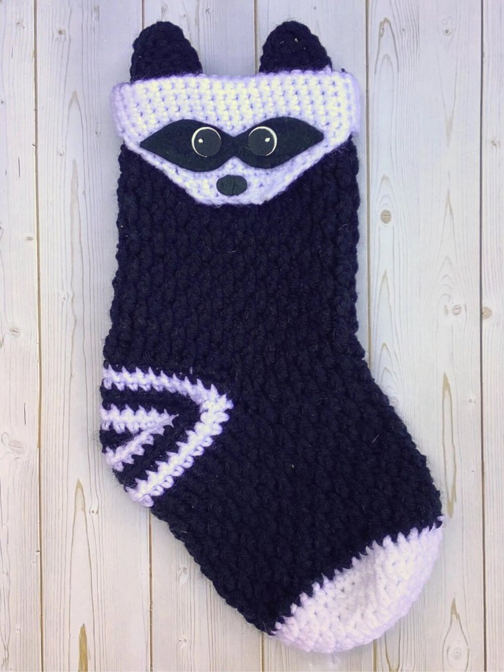 Handmade Crocheted Raccon Christmas Stocking - Picture 2 of 2